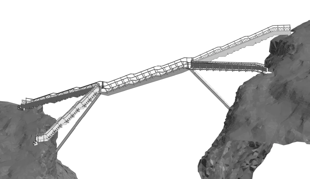 3D CAD engineering model of the Vøringsfossen waterfall step bridge, showcasing complex duplex stainless steel structural design