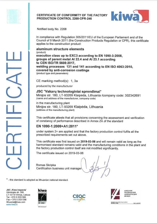 EN 1090-3 EXC3 certified aluminum welded assemblies and industrial structures