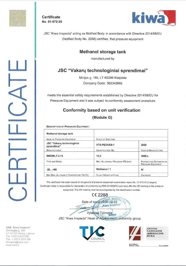 PED 2014/68 EU certified stainless steel pressure vessels and EU-compliant industrial equipment