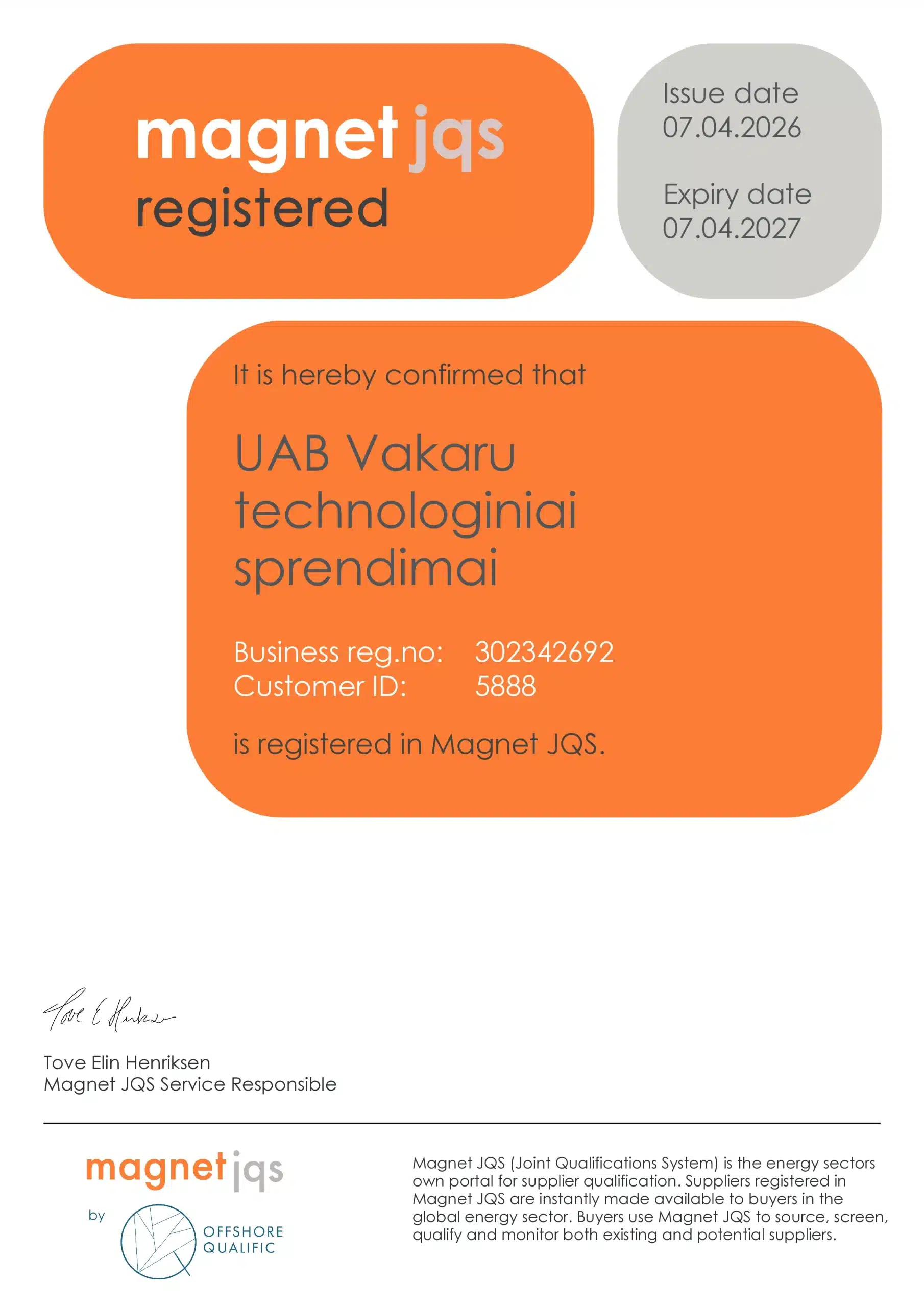 Magnet JQS certified supplier of high-quality stainless steel components for Nordic oil and gas projects