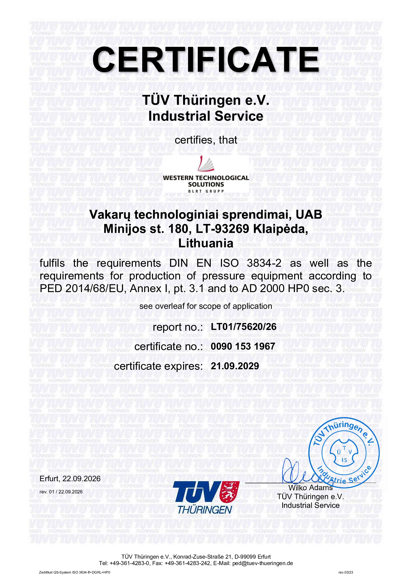 AD2000 HP0, PED & ISO 3834-2 Certified Stainless Steel Pressure Vessel Manufacturer | WTS WTS AD2000 HP0, PED and ISO 3834-2 certified pressure vessel and industrial piping manufacturer certificate